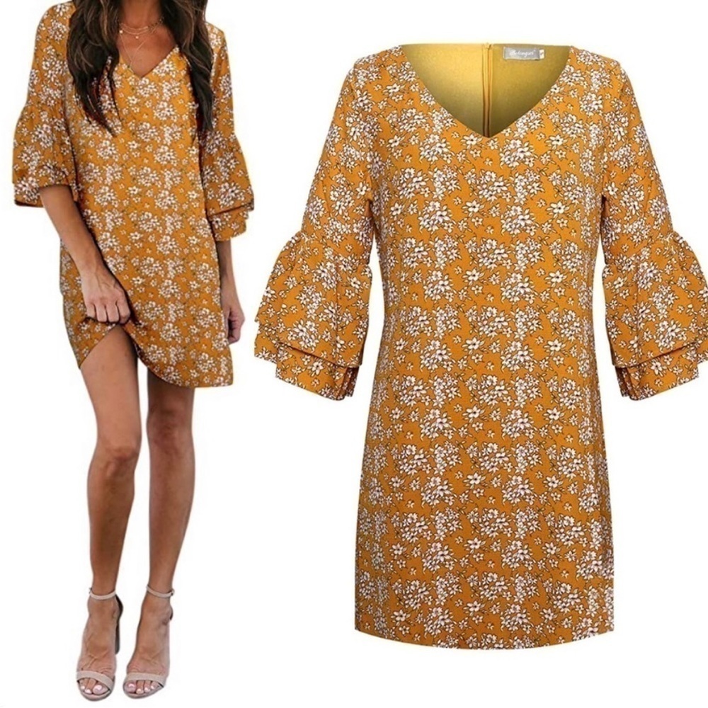Belongsci Women’s Floral Fall Mustard Yellow Ruffle Bell Sleeve Shift Dress L